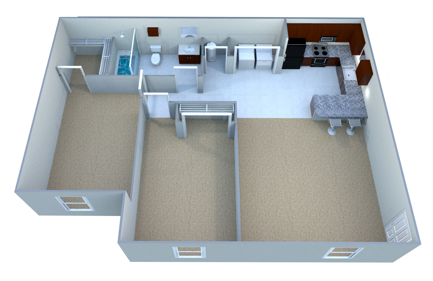 Floor plan for 2 beds, 1 bath, 889 sqft